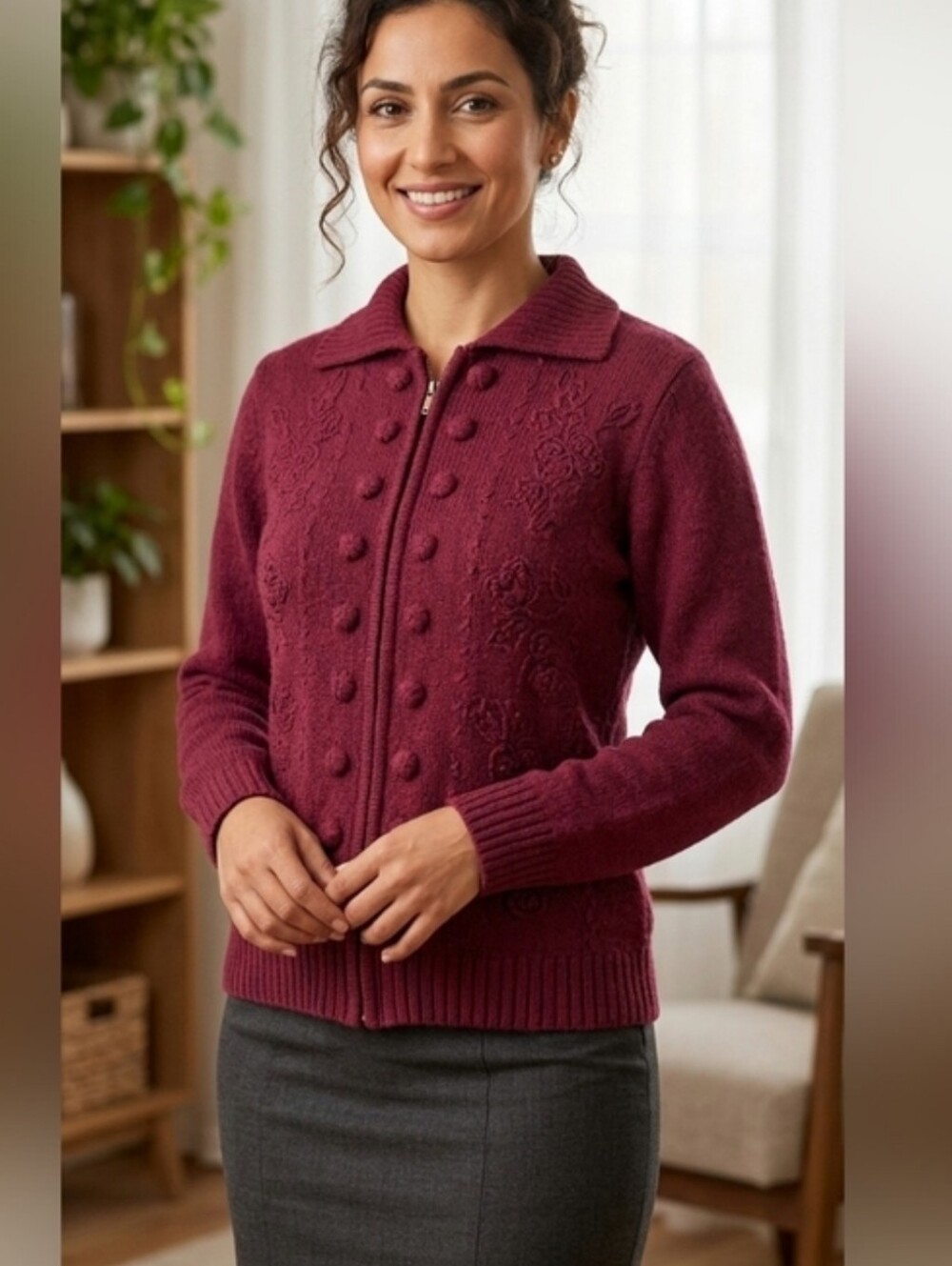 💚3/$30 Vintage Northern Reflections Wine Red Zip Textured Cardigan Sweater Sz M